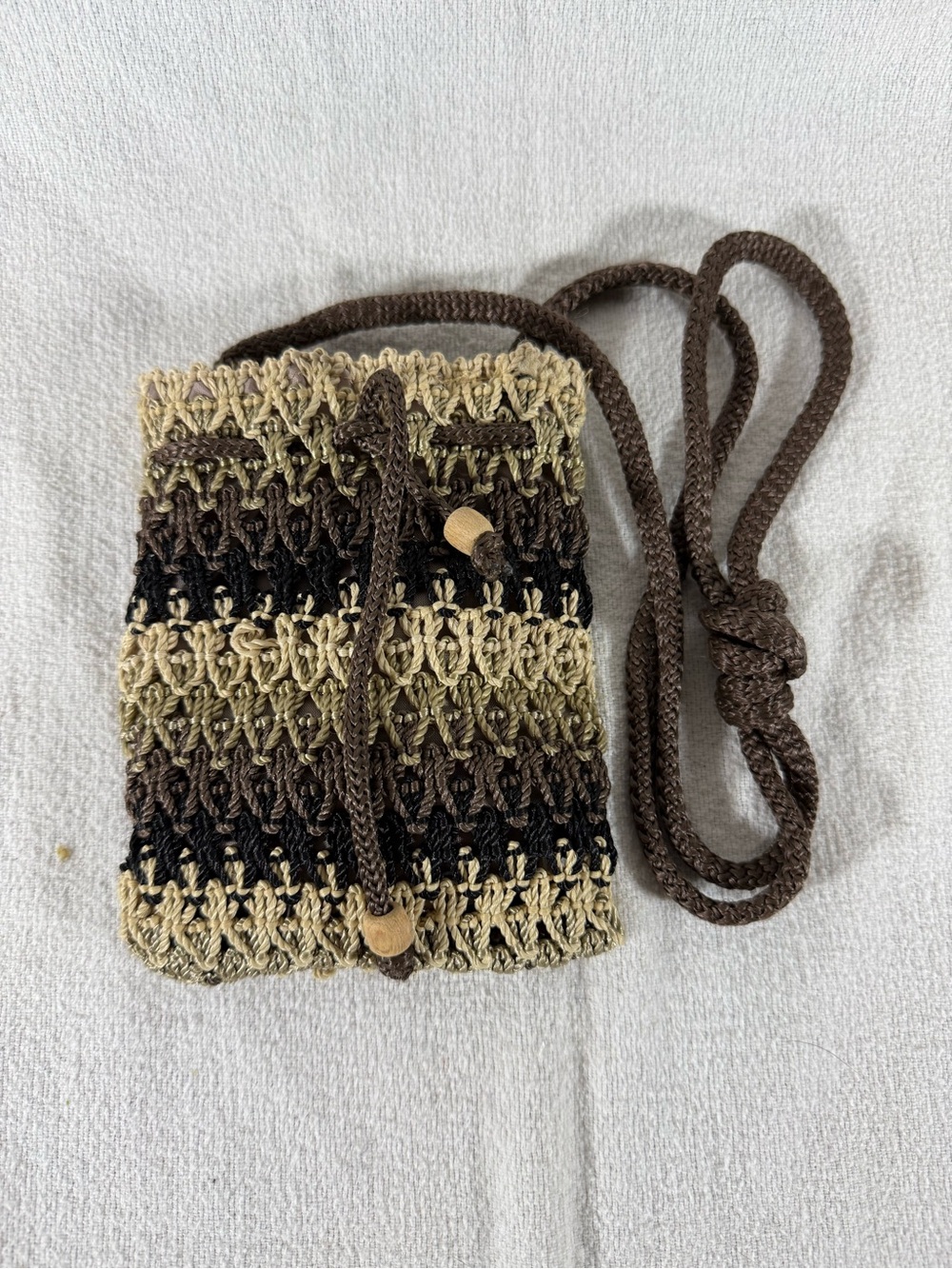 Crochet Handmade Brown Beige Stripe Crossbody Bag with Drawstring